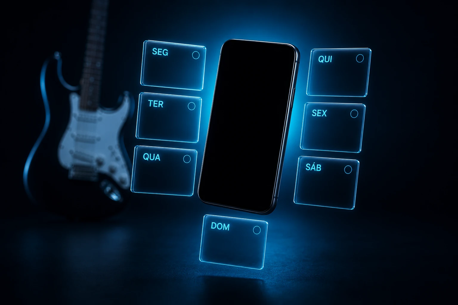 Celular cercado por cartões luminosos com os dias da semana, ao lado de uma guitarra