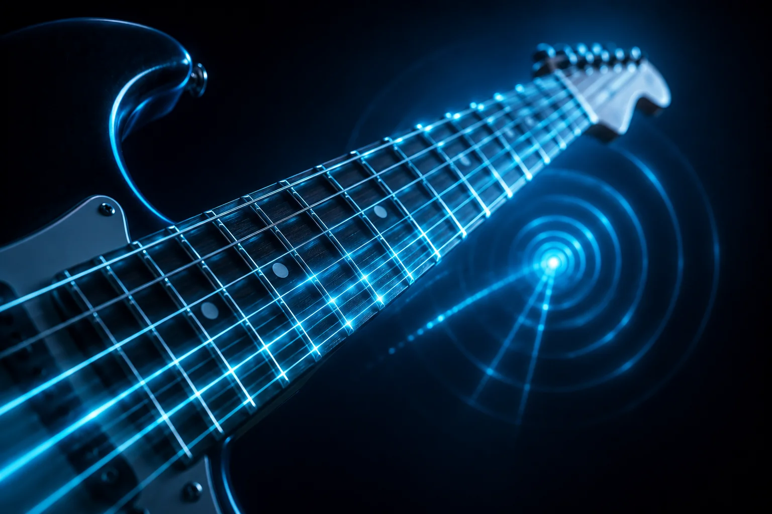Braço de guitarra com as cordas iluminadas e ondas de pulso de metrônomo
